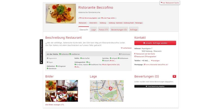 Restaurant-Suchportal für Salzburg - Aktuelles - Screenshot Detailseite