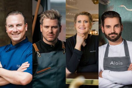 S.Pellegrino Young Chef 2022 Die Spitzenköche Tim Raue, Daniel Gottschlich, Julia Komp und Christoph Kunz (v. l.) werden das Nachwuchstalent kären, das Deutschland und Österreich im internationalen Finale beim S.Pellegrino Young Chef 2022 vertreten wird.