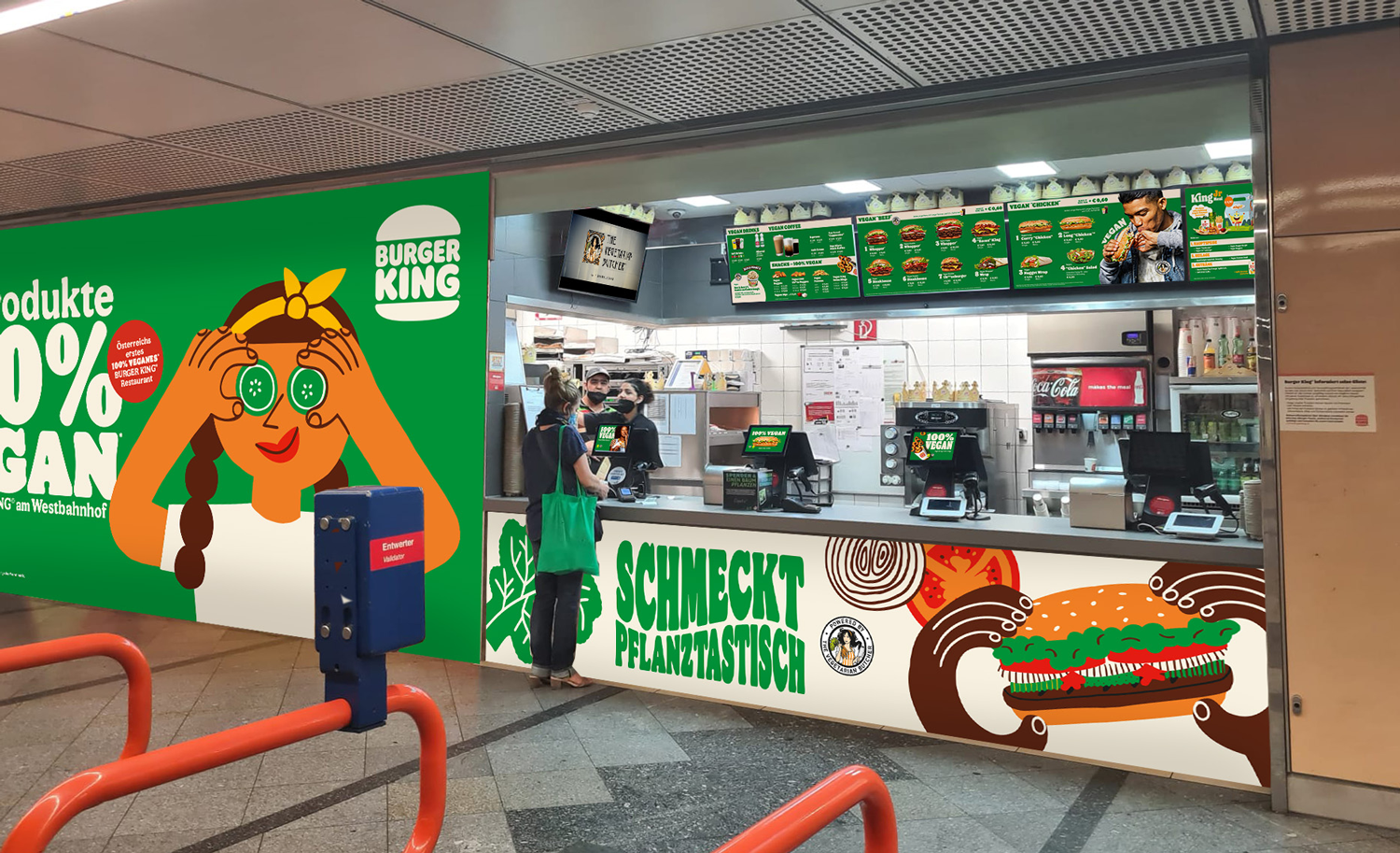 © Burger King Burger King veganes Restaurant Grün statt rot-gelb: Das 100 % vegane Angebot soll auch optisch auffallen.
