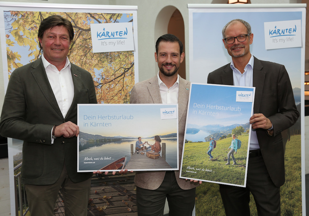 Tourismus-Obmann Seppi Petritsch, LR Sebastian Schuschnig und Kaernten Werbung GF Klaus Ehrenbrandtner (v. l.) bei der Präsentation der Kärntner Nebensaison-Angebote.